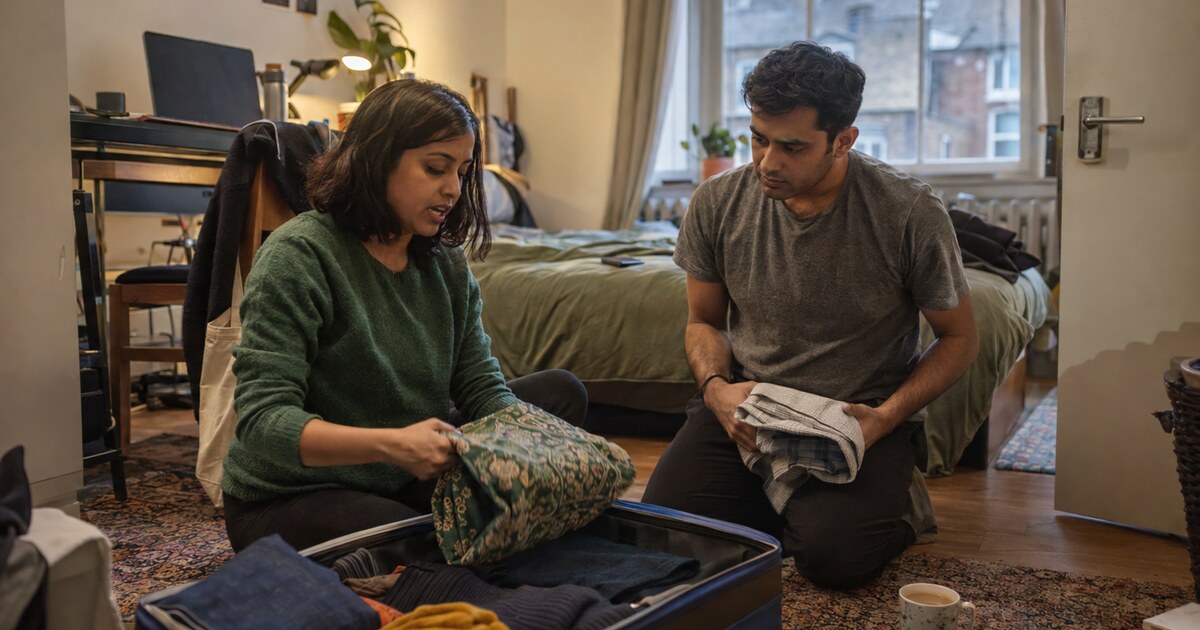 Two Indian adults in their early thirties, a woman with shoulder-length dark hair wearing a plain green jumper and a man with short dark…