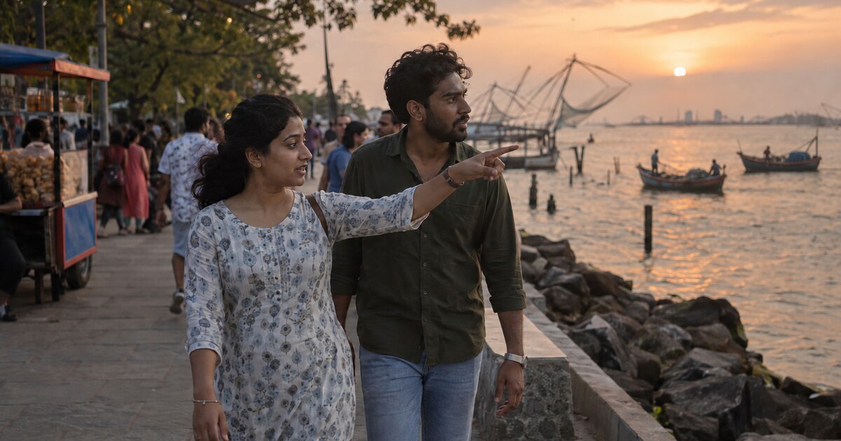 Two people in their late twenties walk side by side along a busy seaside promenade in Kochi at golden hour, one pointing towards fishing…