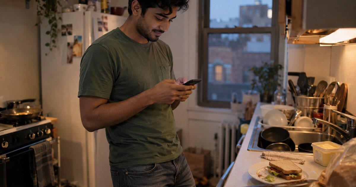 A 28-year-old South Asian man with short wavy hair, wearing a faded green T-shirt and jeans, stands at the counter of a small rented…