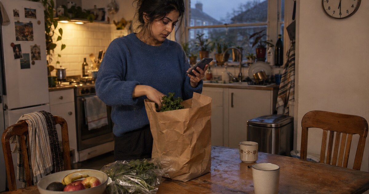 A South Asian woman in her early thirties wearing a plain blue jumper and dark trousers stands in a small lived-in kitchen at early…
